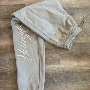 YoungLA Beige Joggers with Script Embroidery